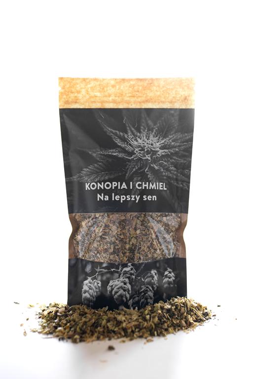 torebka z czarnymi zdjęciami u góry kwiatu konopi, na dole szyszki chmielu